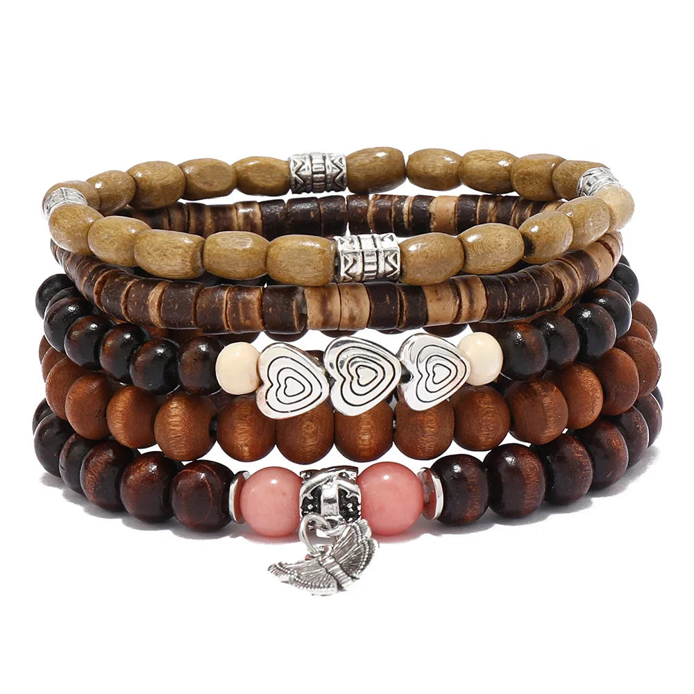 Boho-Armband-Set mit Holzperlen & Ethno-Charms – 4–5 Stück