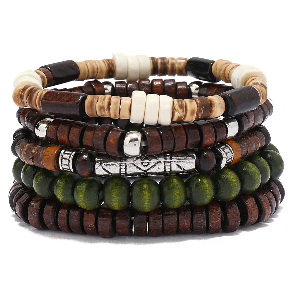 Boho-Armband-Set mit Holzperlen & Ethno-Charms – 4–5 Stück