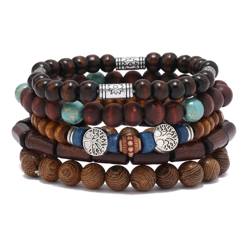 Boho-Armband-Set mit Holzperlen & Ethno-Charms – 4–5 Stück