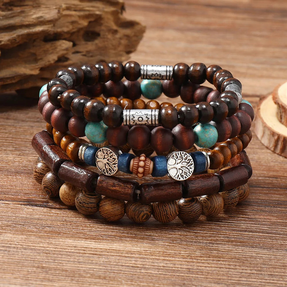 Boho-Armband-Set mit Holzperlen & Ethno-Charms – 4–5 Stück