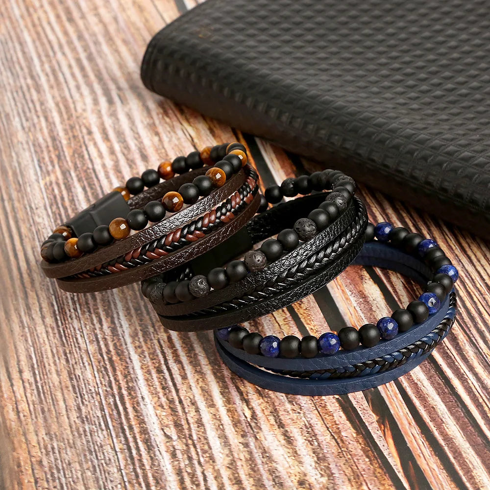 Lederarmband für Herren mit Tigerauge-Perlen – Mehrlagig & Klassisch