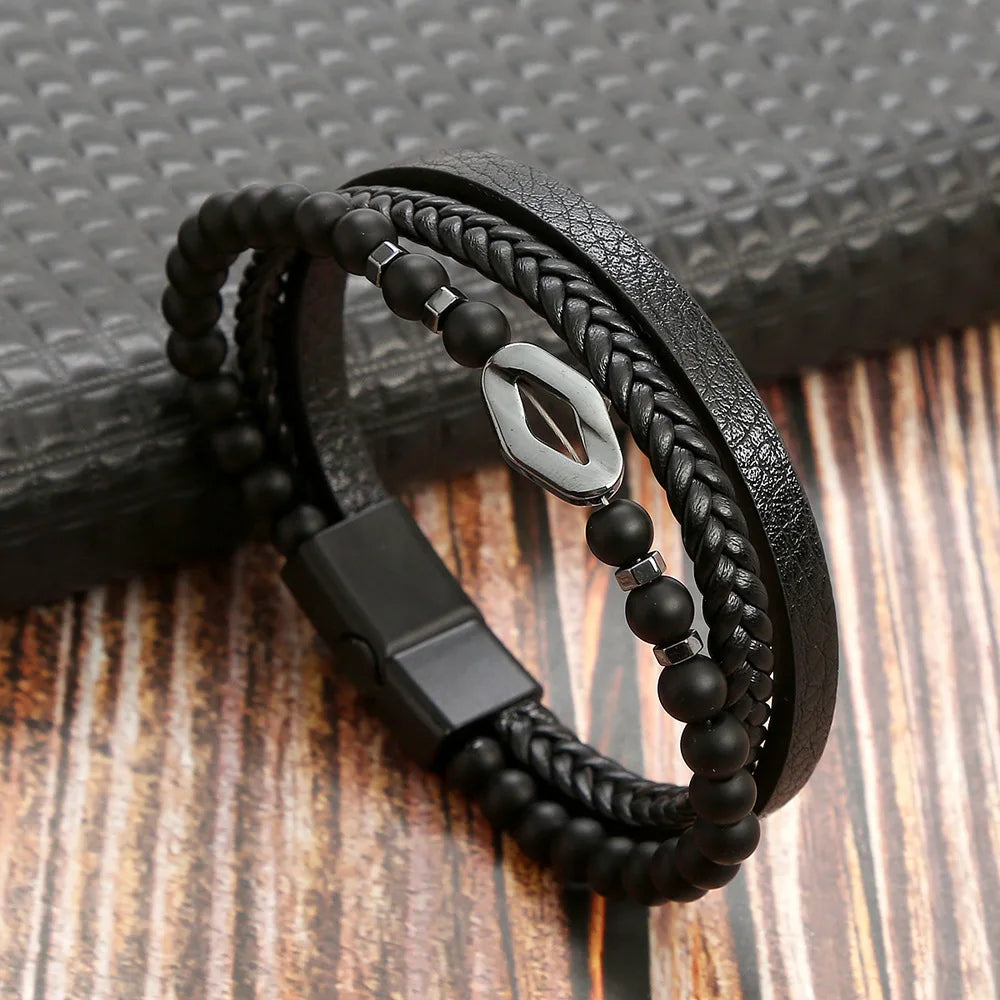 Lederarmband für Herren mit Tigerauge-Perlen – Mehrlagig & Klassisch