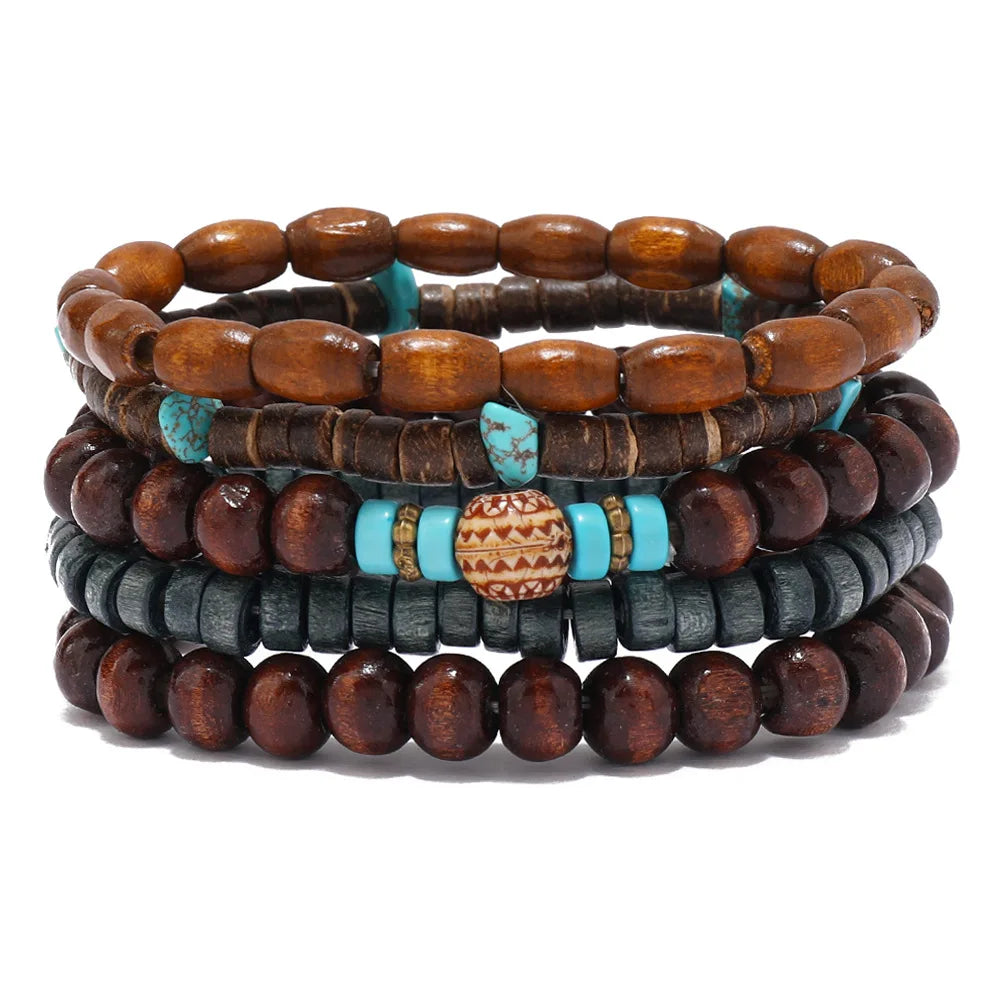 Boho-Armband-Set mit Holzperlen & Ethno-Charms – 4–5 Stück