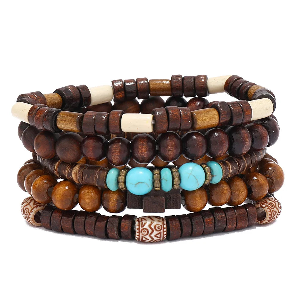 Boho-Armband-Set mit Holzperlen & Ethno-Charms – 4–5 Stück