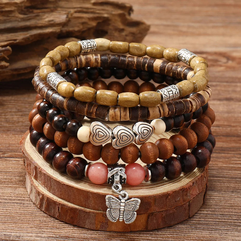 Boho-Armband-Set mit Holzperlen & Ethno-Charms – 4–5 Stück