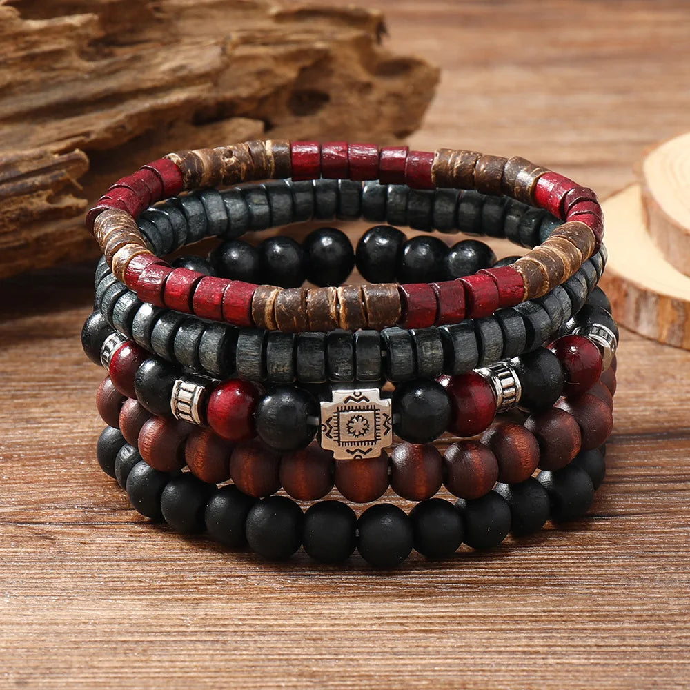 Boho-Armband-Set mit Holzperlen & Ethno-Charms – 4–5 Stück