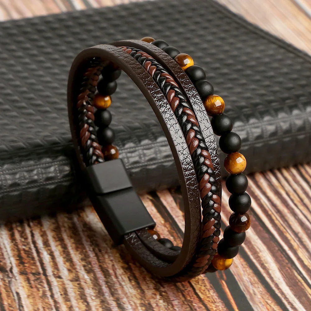 Lederarmband für Herren mit Tigerauge-Perlen – Mehrlagig & Klassisch