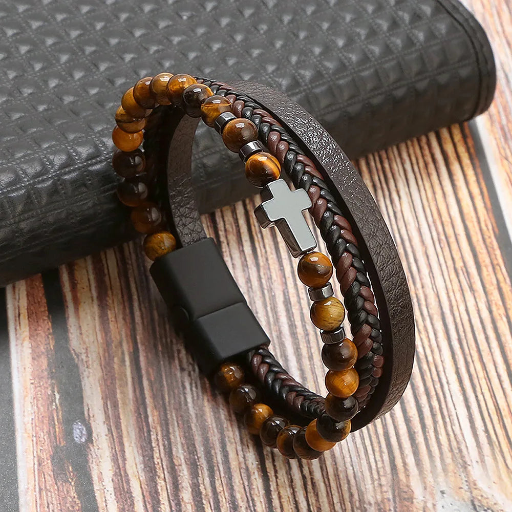 Lederarmband für Herren mit Tigerauge-Perlen – Mehrlagig & Klassisch