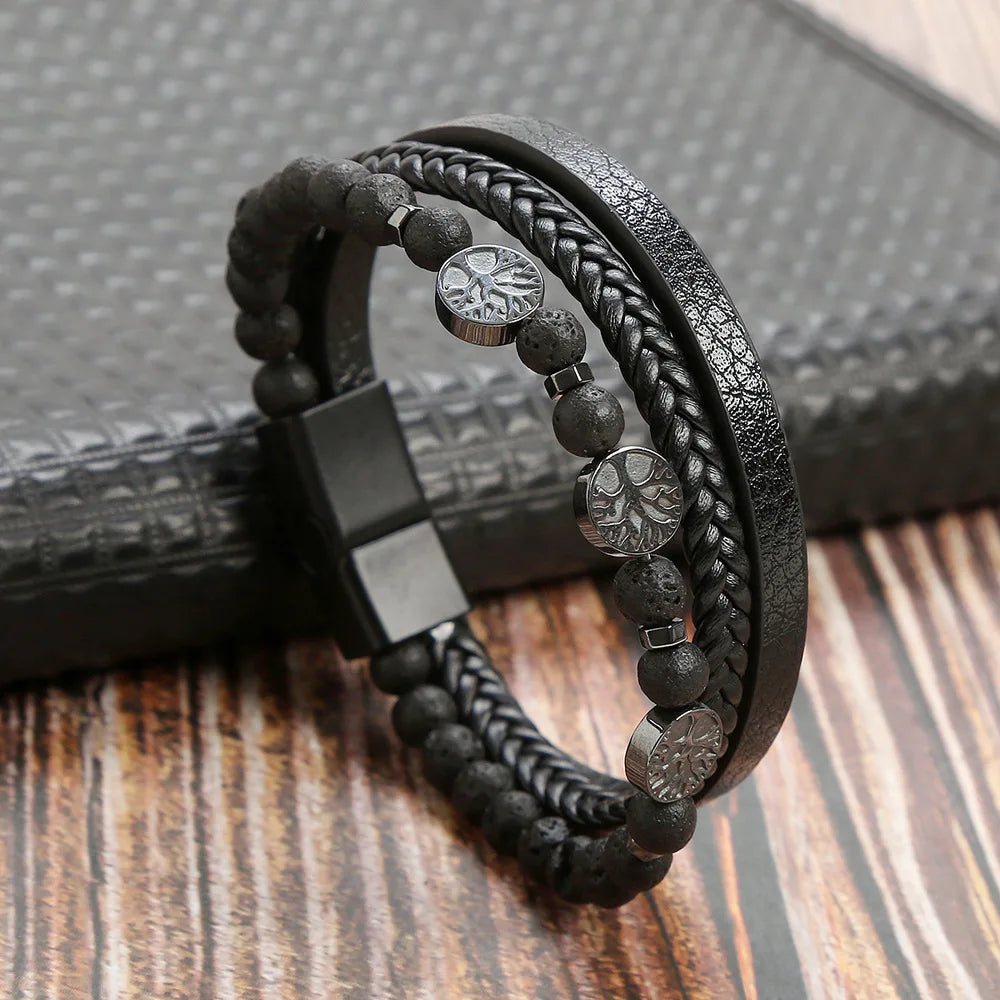 Lederarmband für Herren mit Tigerauge-Perlen – Mehrlagig & Klassisch