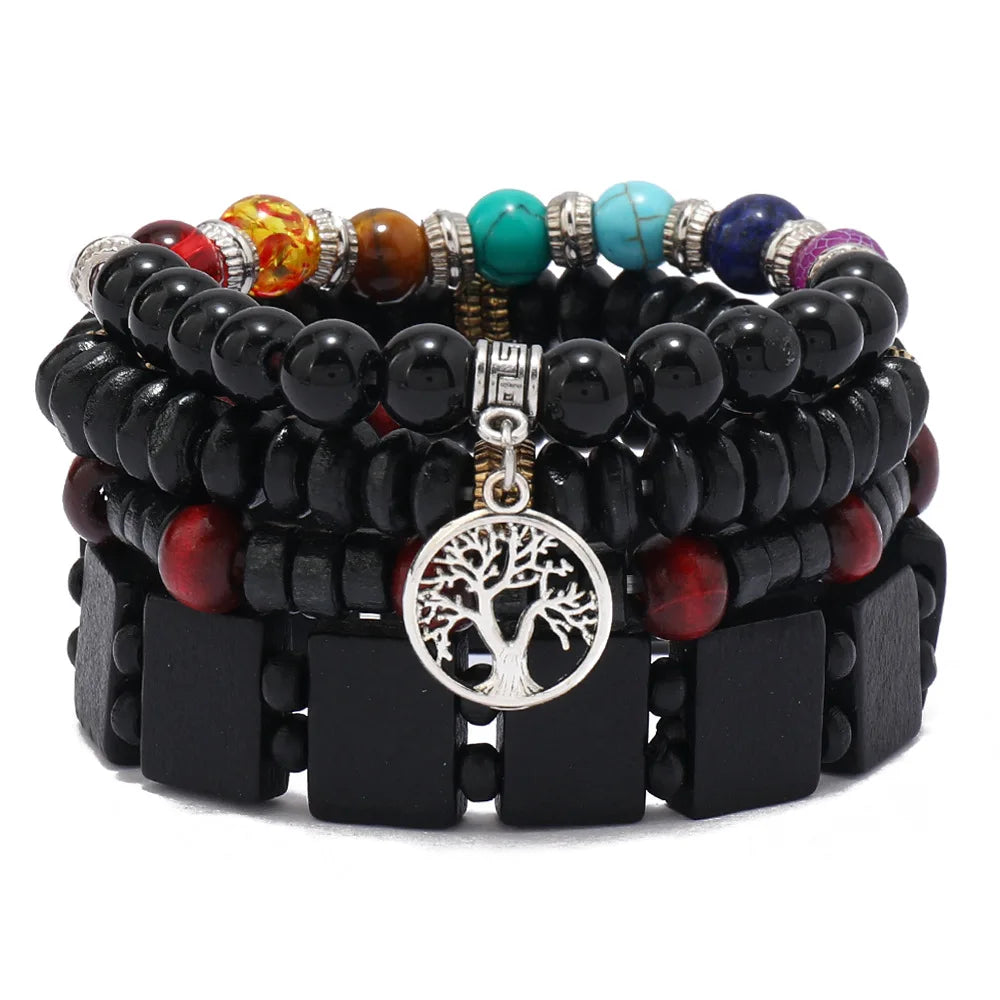 Boho-Armband-Set mit Holzperlen & Ethno-Charms – 4–5 Stück