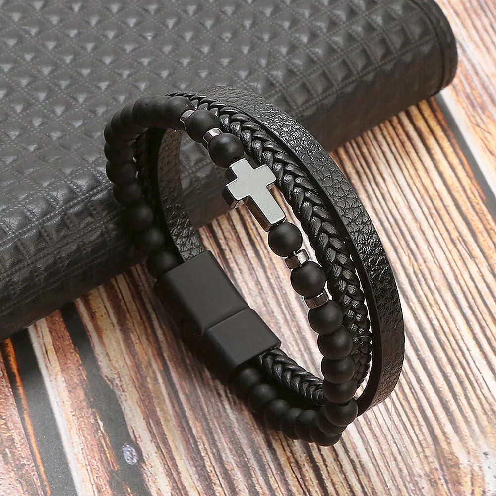 Lederarmband für Herren mit Tigerauge-Perlen – Mehrlagig & Klassisch