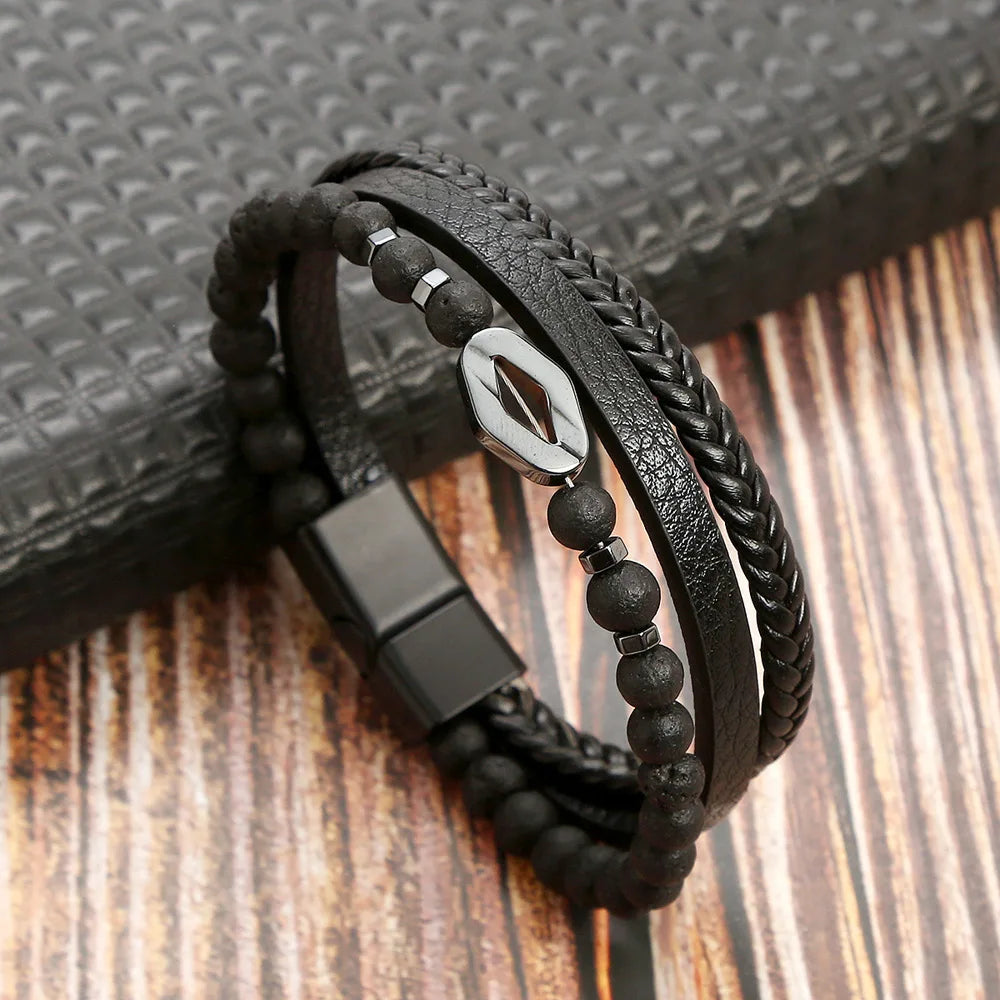 Lederarmband für Herren mit Tigerauge-Perlen – Mehrlagig & Klassisch
