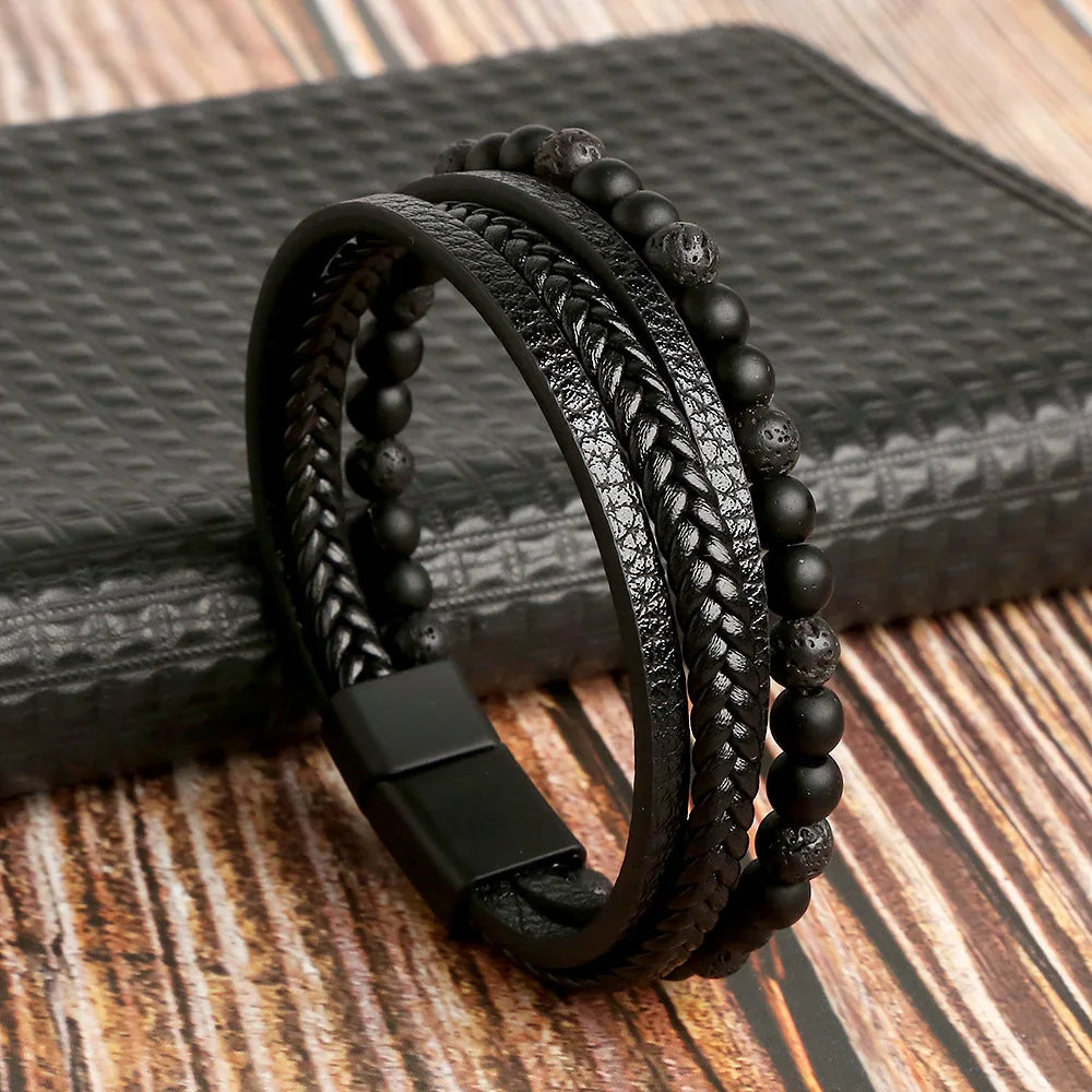 Lederarmband für Herren mit Tigerauge-Perlen – Mehrlagig & Klassisch