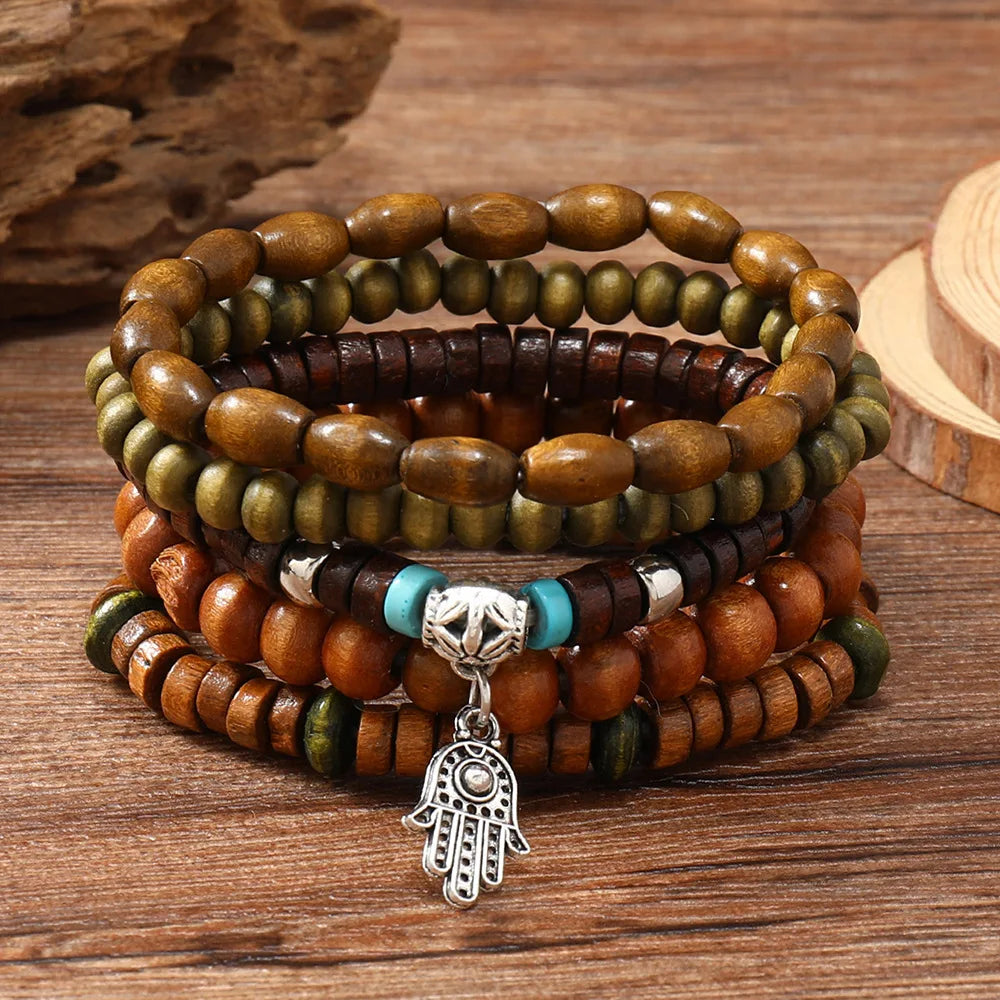 Boho-Armband-Set mit Holzperlen & Ethno-Charms – 4–5 Stück
