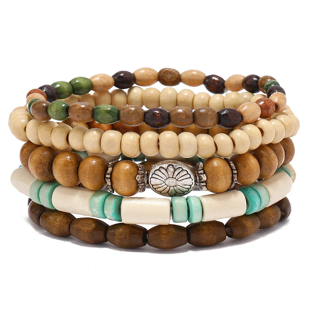 Boho-Armband-Set mit Holzperlen & Ethno-Charms – 4–5 Stück