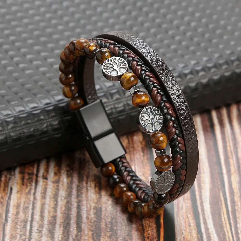 Lederarmband für Herren mit Tigerauge-Perlen – Mehrlagig & Klassisch