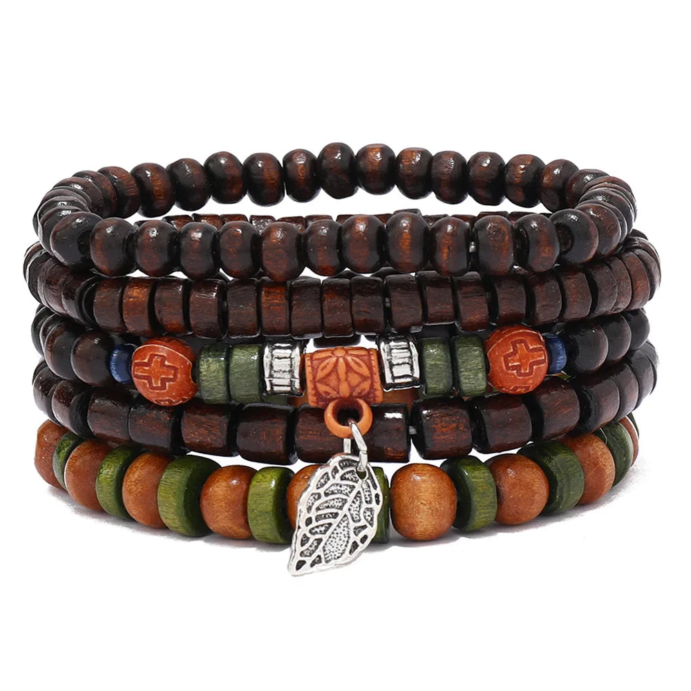 Boho-Armband-Set mit Holzperlen & Ethno-Charms – 4–5 Stück