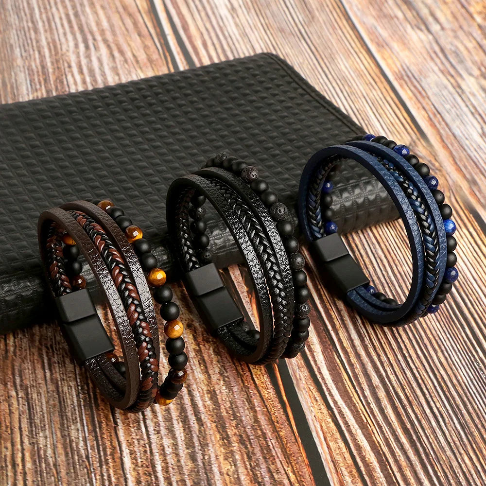 Lederarmband für Herren mit Tigerauge-Perlen – Mehrlagig & Klassisch