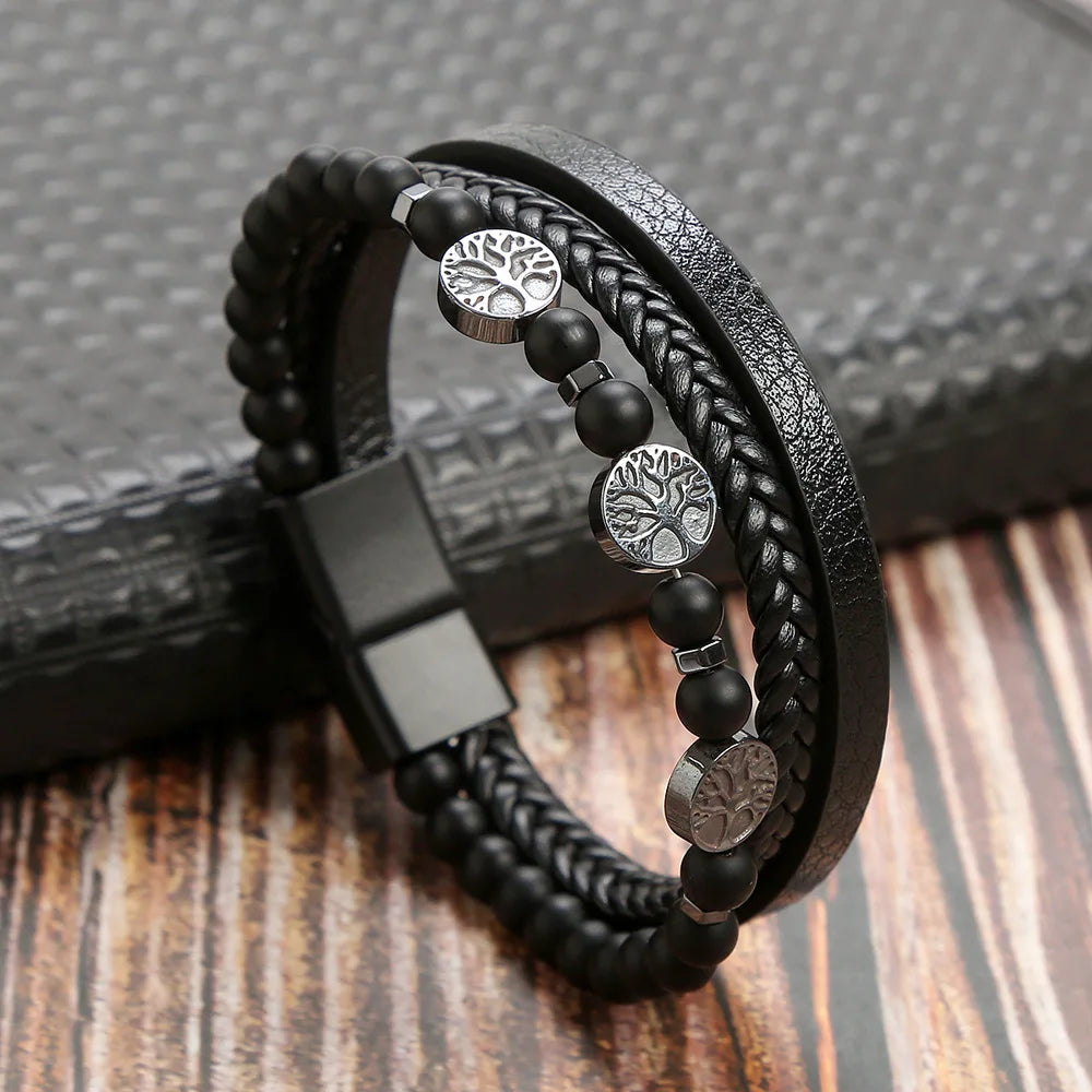 Lederarmband für Herren mit Tigerauge-Perlen – Mehrlagig & Klassisch