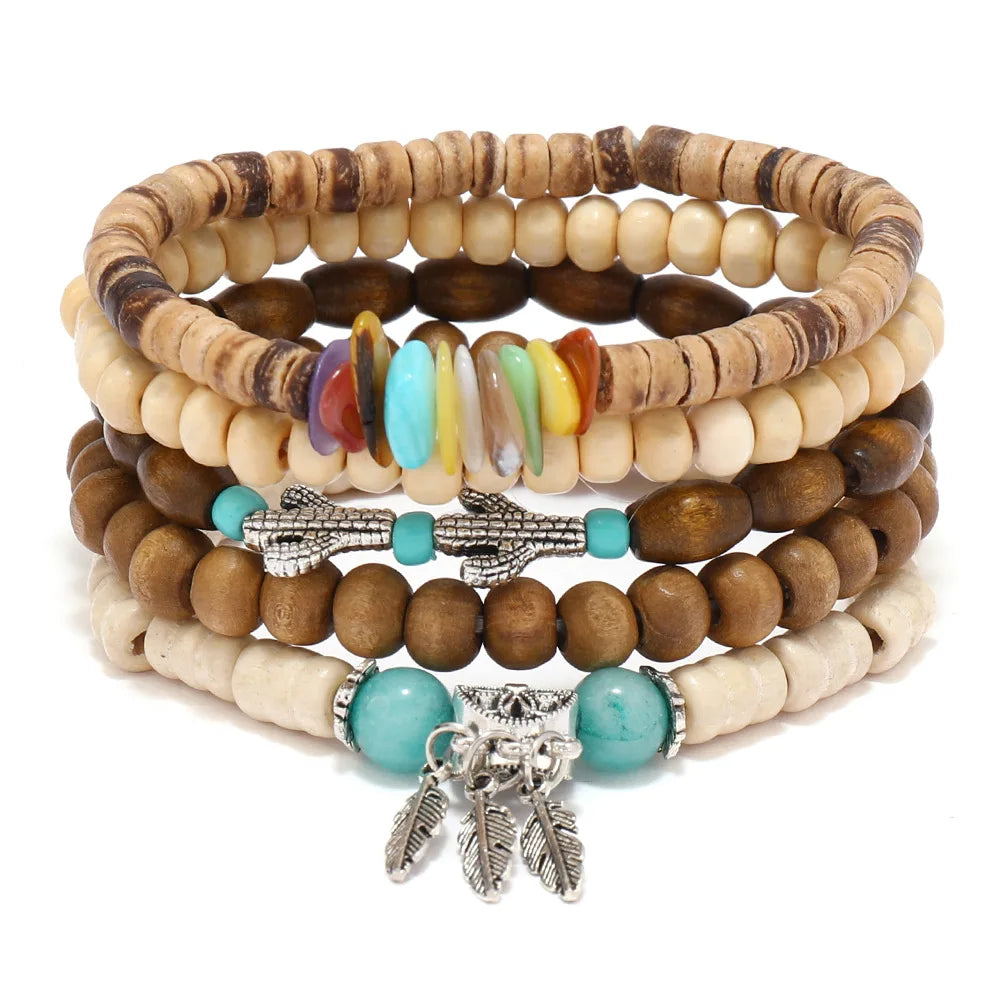 Boho-Armband-Set mit Holzperlen & Ethno-Charms – 4–5 Stück