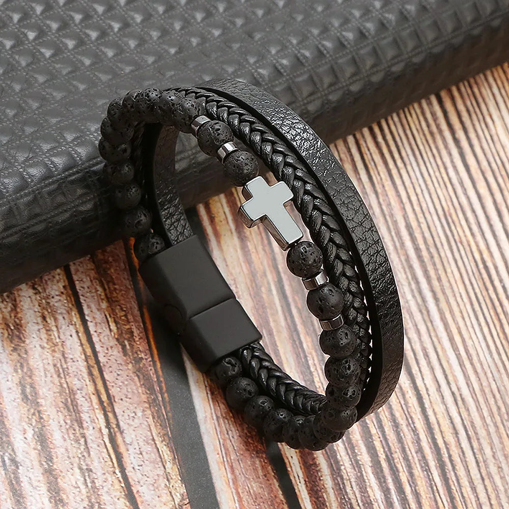 Lederarmband für Herren mit Tigerauge-Perlen – Mehrlagig & Klassisch