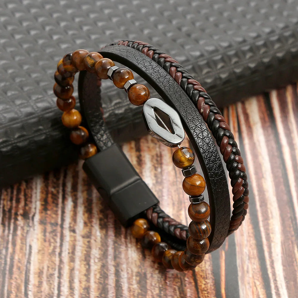 Lederarmband für Herren mit Tigerauge-Perlen – Mehrlagig & Klassisch