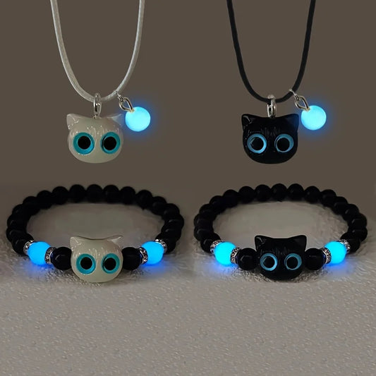 Süßes Cartoon-Leuchtarmband mit großer Katzenfigur – Leuchtet im Dunkeln, fluoreszierender Anhänger – Für Damen, Paare & Freundschaft